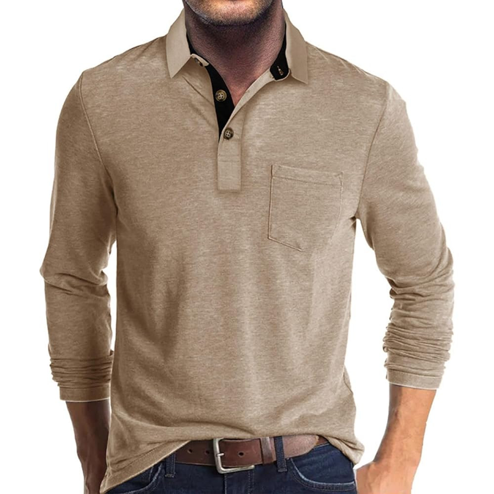 Men's Casual Polo Shirts Classic Button Basic Long Sleeve Shirt Solid Color Cotton Tees Stylish T... | Amazon (US)