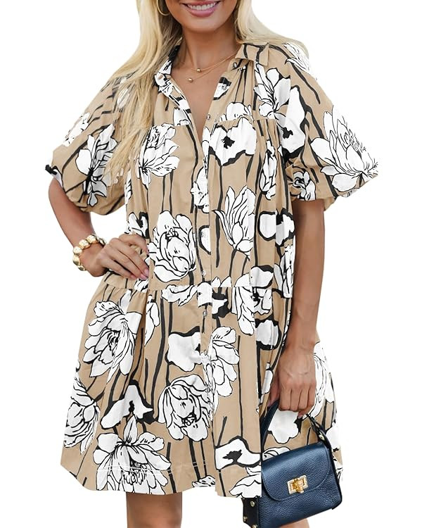 Wenrine Women's Summer Button Down Shirt Dress Floral Puff Short Sleeve Casual Loose Fit Beach Mi... | Amazon (US)