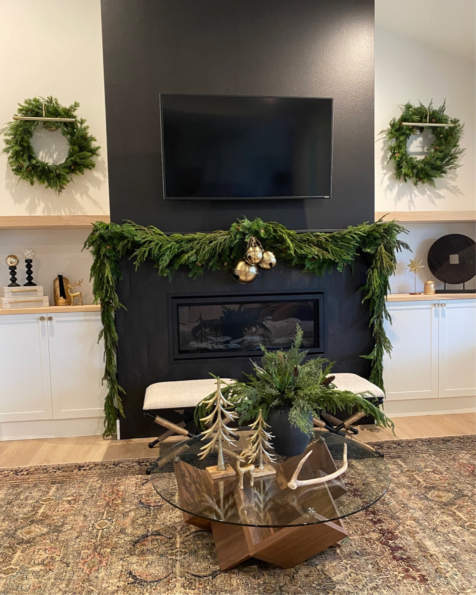 Christmas decorating ideas that are simple yet stunning! All these items are instock right now. The Norfolk garland, cedar wreath, bells and gold trees. 

#LTKstyletip #LTKhome #LTKHoliday