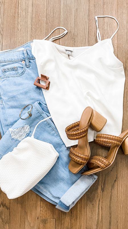The perfect mix of elegant and casual. A satin cami and mom jeans paired with braided neutral block heels and a woven clutch. Tie the hair up with a claw clip and accessorize with your favorite simple jewelry! Everything is under $40! 

#LTKFind #LTKstyletip #LTKunder50