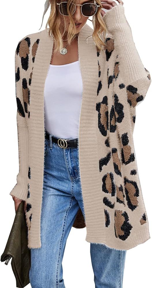 Women's Long Sleeves Open Front Casual Leopard Print Fuzzy Knitted Sweater Cardigan Coat Outwear | Amazon (US)