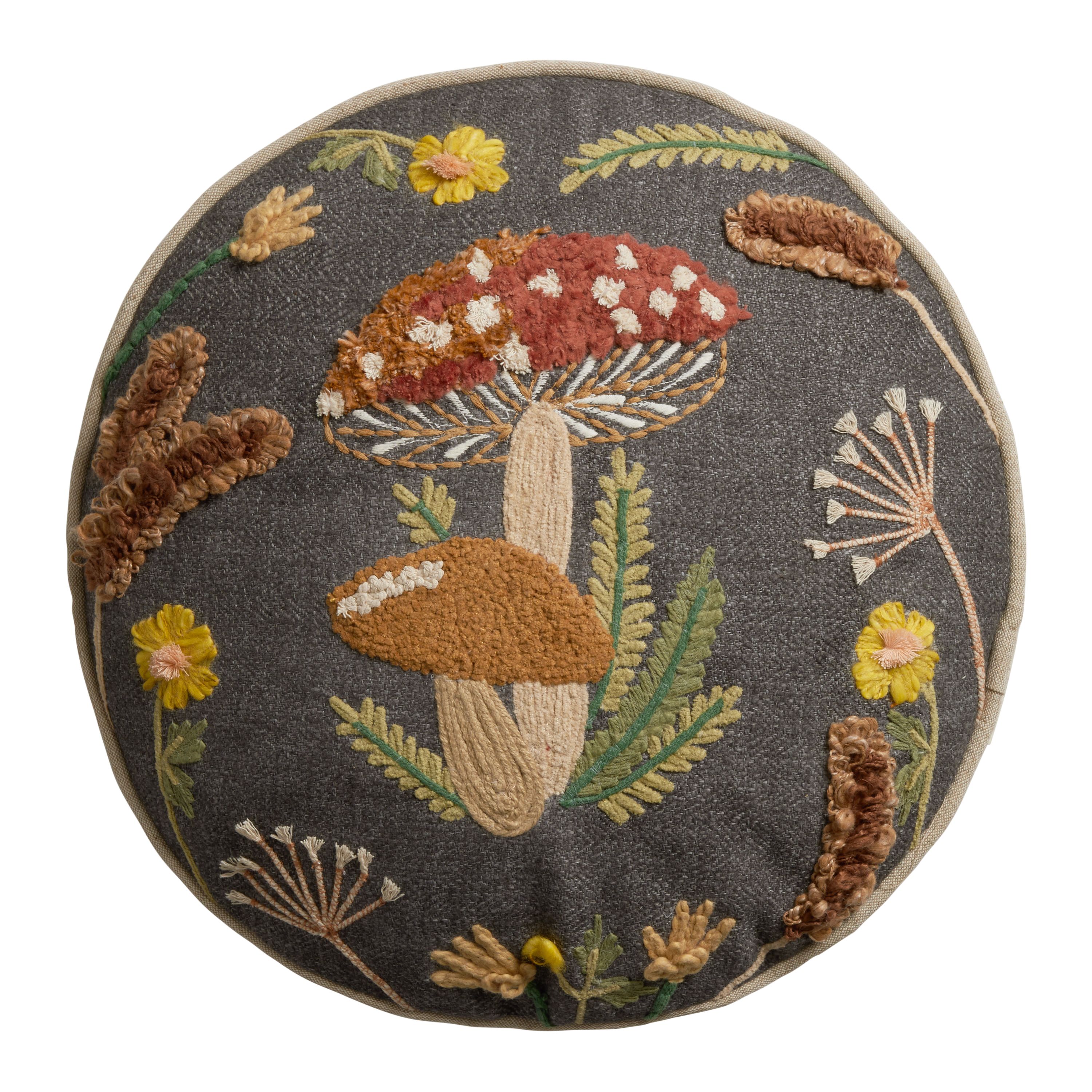 Round Charcoal Embroidered Mushroom Throw Pillow | World Market