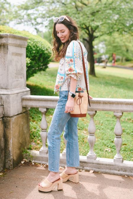 Spring Denim Styling 🌺 

Hunter Bell Rory Top, mother denim, Sezane woven bucket bag, woven platform heels, tuckernuck jeans, Bernardo heels, patchwork print top 

#LTKSeasonal #LTKstyletip #LTKFestival