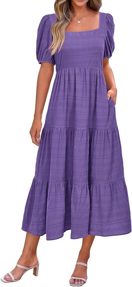PRETTYGARDEN Women's Summer Dresses 2026 Puff Sleeve Square Neck High Waist Smocked A-Line Flowy ... | Amazon (US)