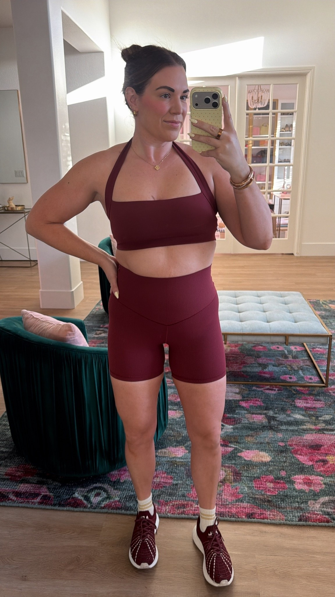 curvy midsize workout look! wearing size large in ribbed burgundy halter sports bra and shorts!

#LTKfitnessgoals #LTKMidsize #LTKActive