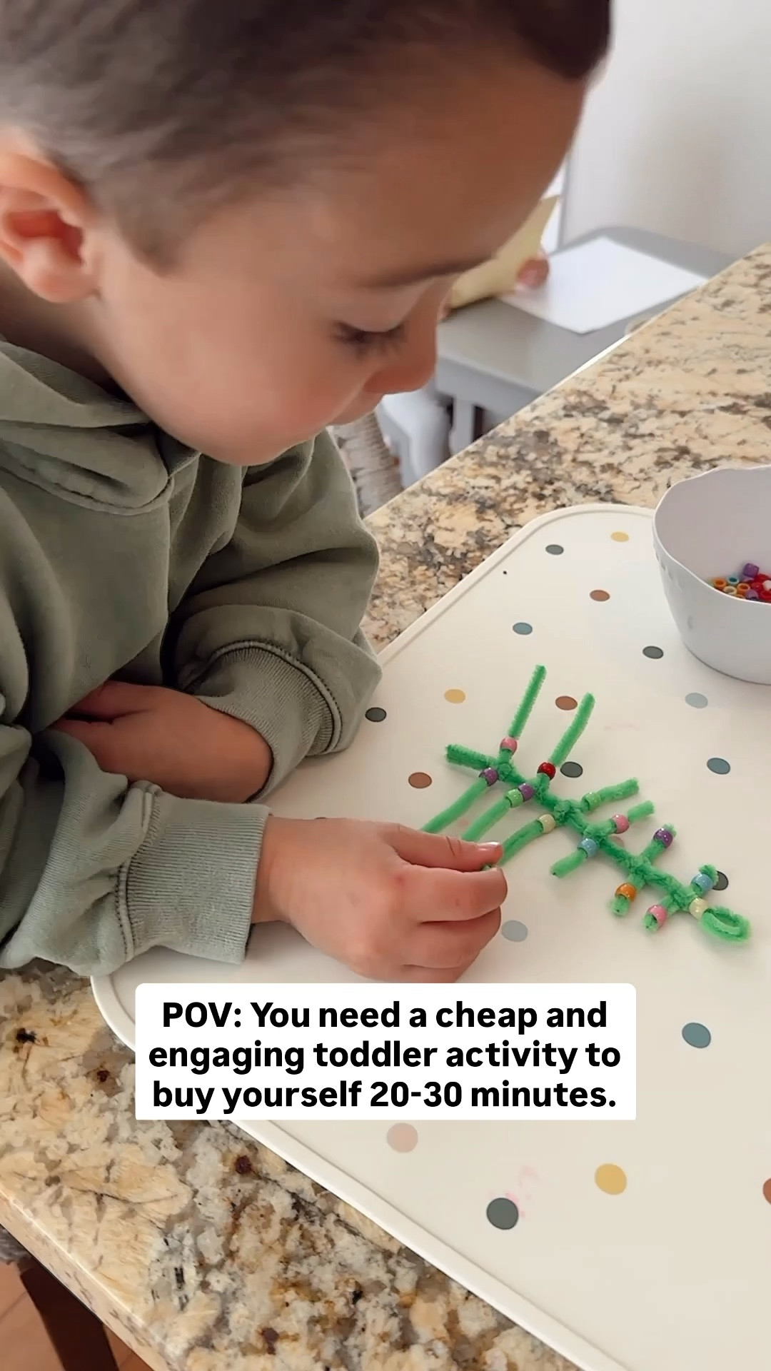 Need a cheap and engaging toddler activity to buy yourself 20-30 minutes?! ➡️ My (almost) 4 year old LOVED making this pipe cleaner Christmas tree! 🎄

I spent under $3 on supplies (beads and pipe cleaners from Dollar Tree), and we have plenty left over for future crafts and activities. 👏🏼

I planned to save this for later in the month, but he saw the supplies and you know how that goes. 🤪

If you make one share it to your story and tag me - Luca and I would love to see!! 🥰

✨ Follow me for all things toddler mom life - activities, outfits, organization, and more! 

#LTKKids #LTKFamily #LTKHoliday