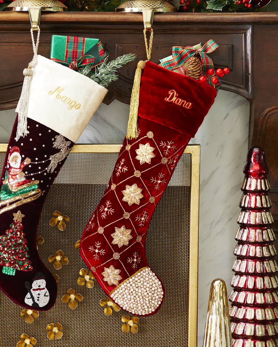 Sudha Pennathur Embroidered Snowflake Stocking w/ Pearl Toe | Neiman Marcus