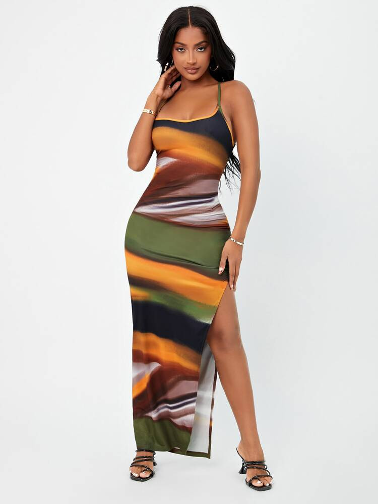 SHEIN SXY Tie Dye Criss Cross Backless Split Thigh Dress | SHEIN