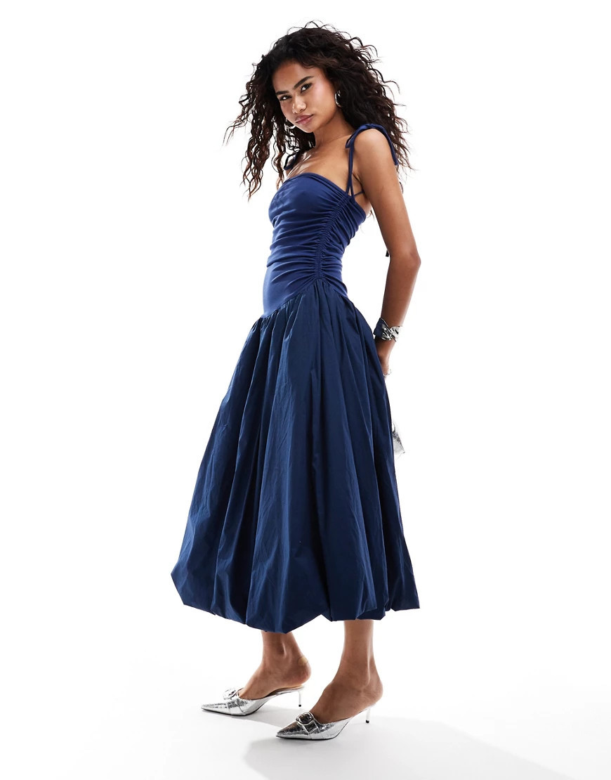 Amy Lynn Alexa shoulder tie puffball midi dress in navy-Blue | ASOS (Global)