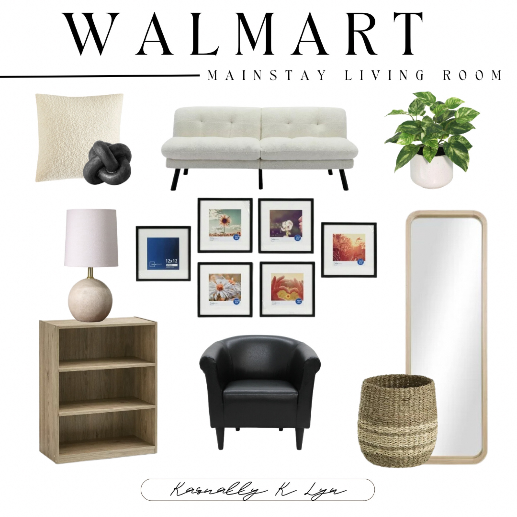 Walmart Mainstay Living Room!! square boucle ivory pillow. 3-shelf rustic oak bookcase with adjustable shelves. cream cozy futon. 12x12 inch black gallery wall frames. table top decorative modern black knot. faux leather black/grey accent chair. natural woven decorative storage basket. 12 inch artificial plant with white ceramic pot. 17x53 rounded edge rectangular mirror. mini ball base table lamp.

#LTKU #LTKStyleTip #LTKHome
