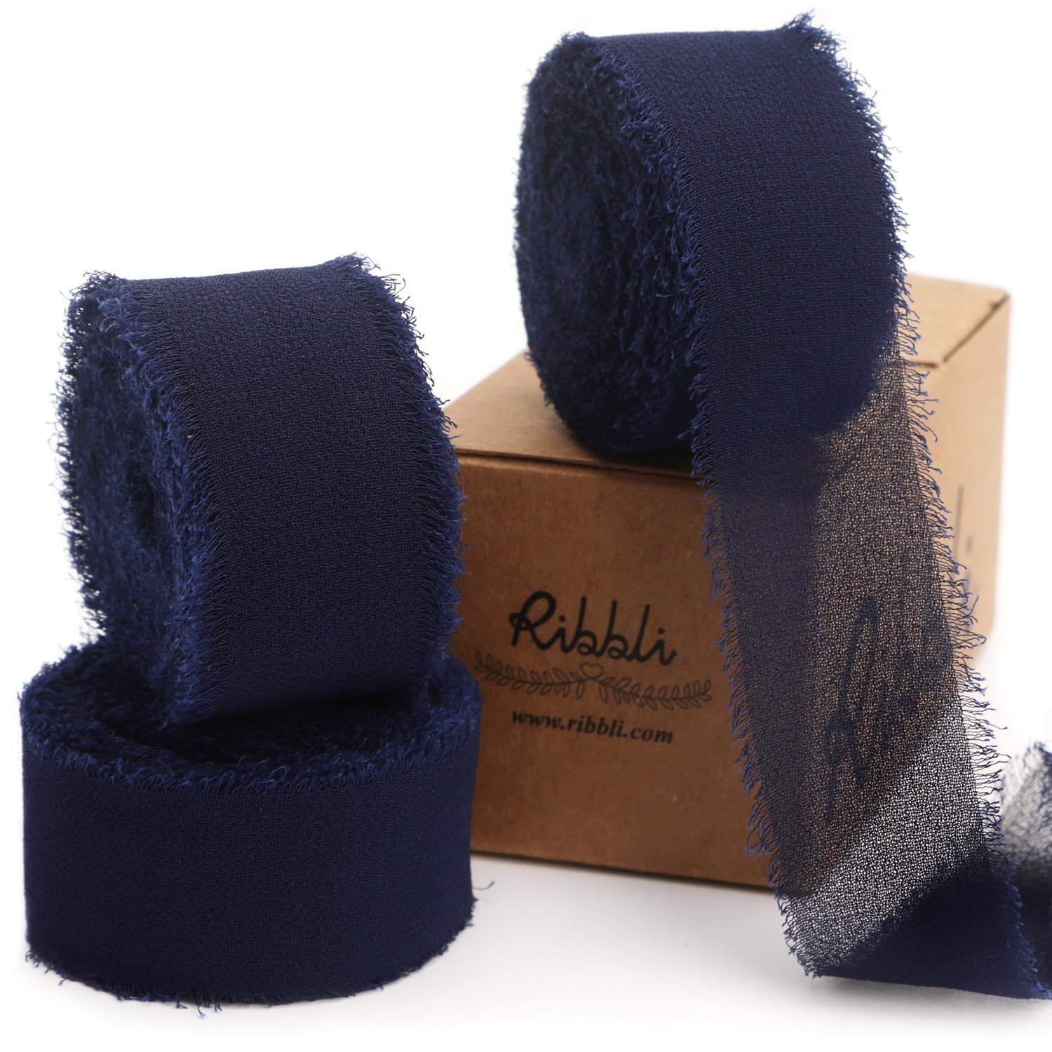 Ribbli Navy Ribbon 1 Inch x 3 Rolls Total 24 Yards Handmade Fringe Chiffon Silk Ribbon for Wrappi... | Amazon (US)