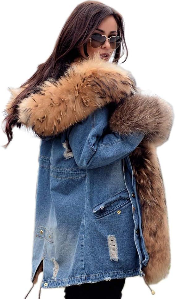 Aofur Plus Size Women's Long Hooded Parka Coat Warm Denim Winter Overcoat Faux Fur Collar Qulited... | Amazon (US)