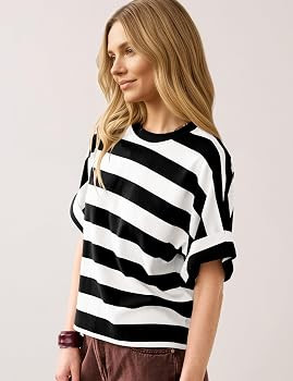 Burtell Women Striped Short Sleeve T Shirts Casual Crew Neck Color Block Graphic Tee Shirt Summer... | Amazon (US)