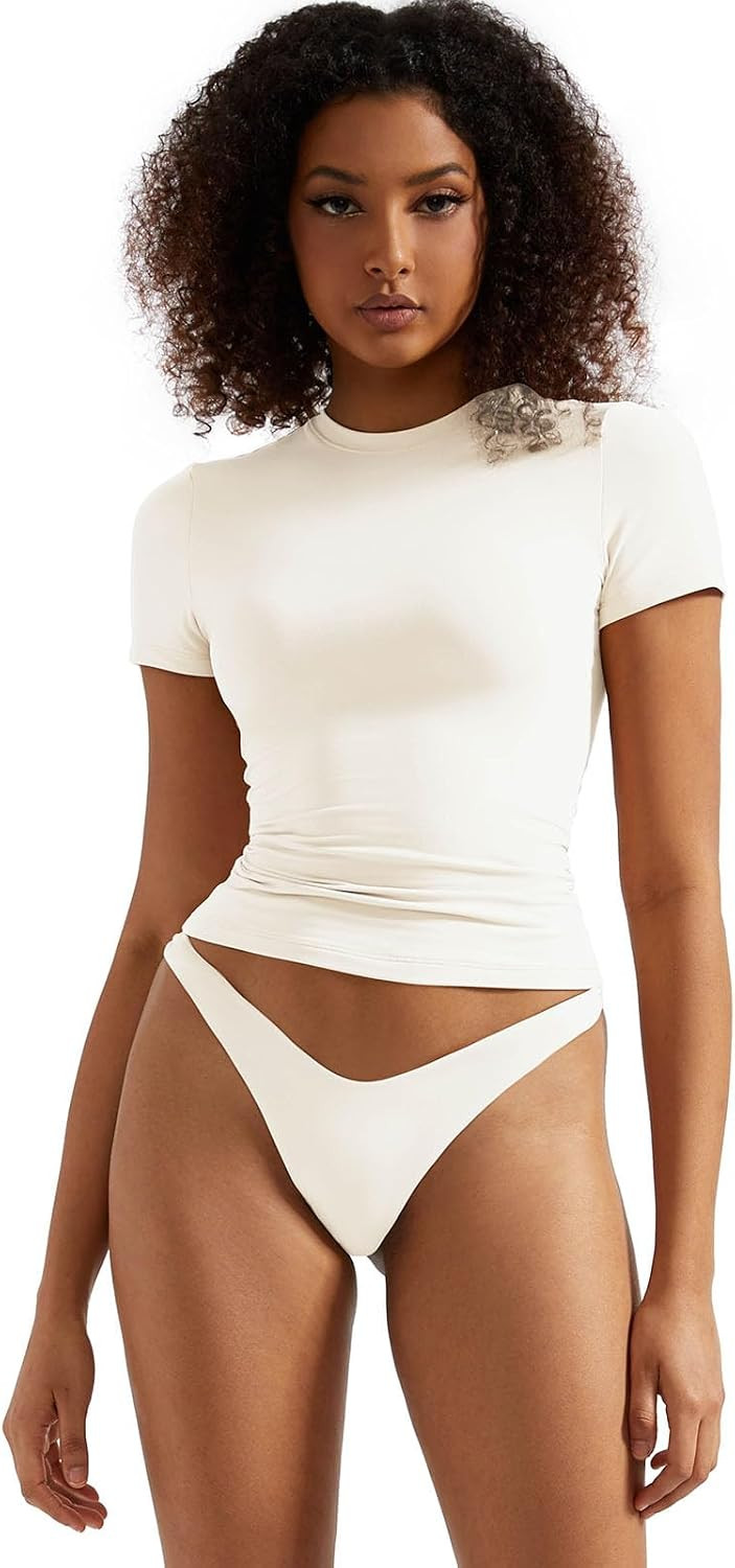 SUUKSESS Women Double Lined Fitted Basic Tee Crew Neck Short Sleeve Y2K Crop Top | Amazon (US)