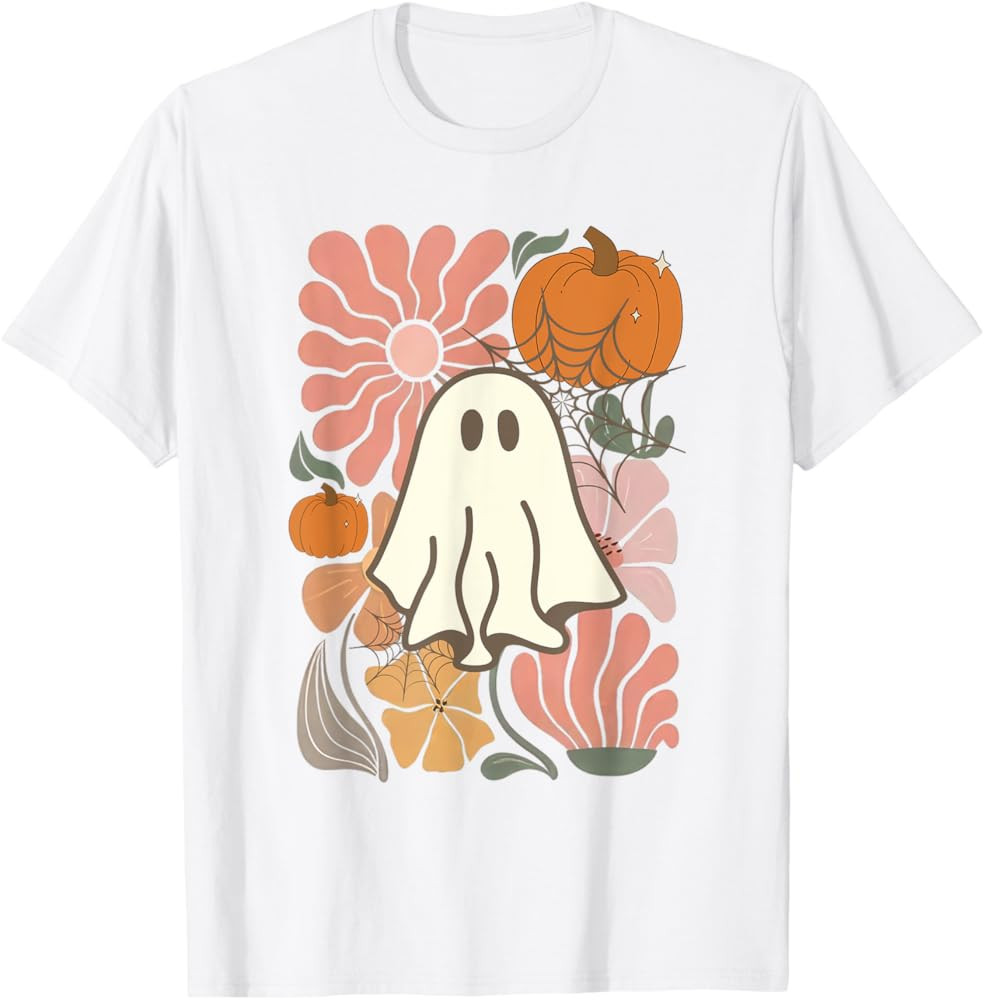Boho Floral Fall Pink Ghost Halloween Womens T-Shirt | Amazon (US)