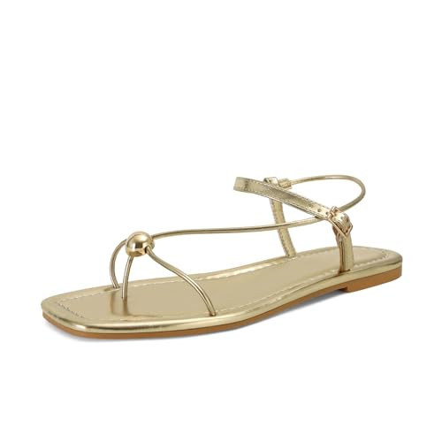GTBINGGO Gold Strappy Flat Sandals for Women Comfortable Open Square Toe Slingback Sandals Dressy Beach Thong Flip Flop Slides Sandals | Amazon (US)