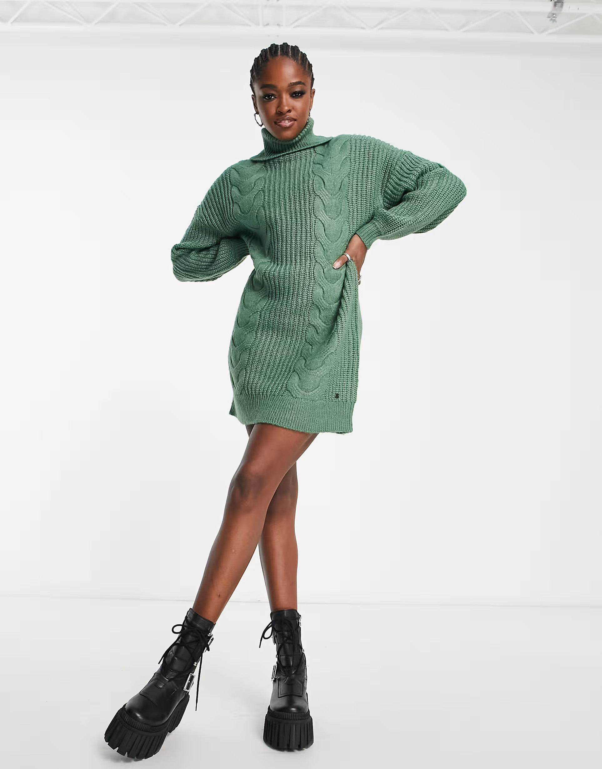 Noisy May roll neck cable knit mini sweater dress in green | ASOS (Global)