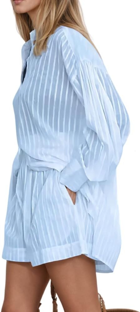 Akivide Women’s Summer 2 Piece Sets Striped Puff Sleeve Button Down Shirts Tops Matching Shorts... | Amazon (US)