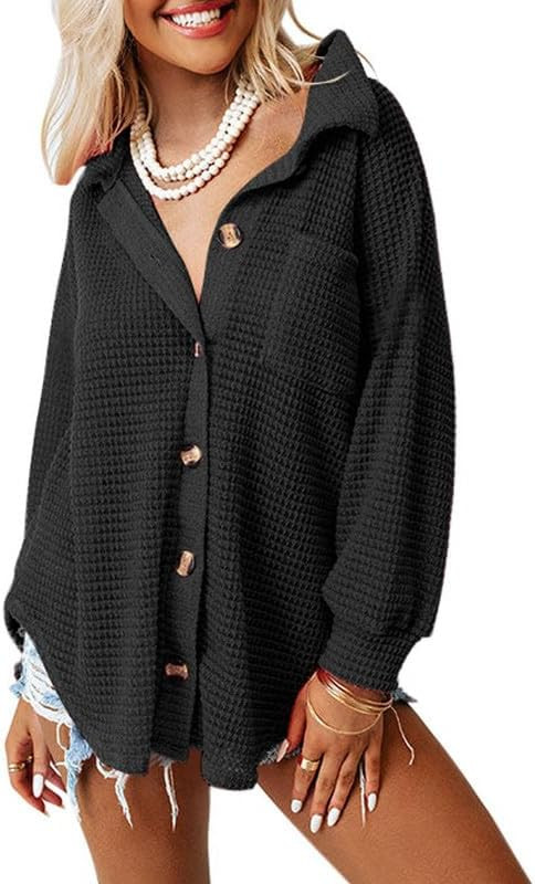 SHEWIN Womens Waffle Knit Button Down Shirts Casual Long Sleeve Shacket Jacket Boyfriend Tops Blo... | Amazon (US)