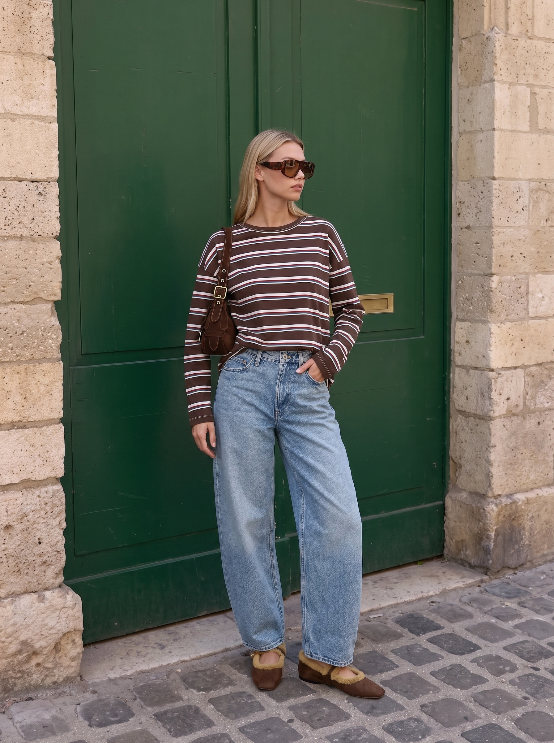 Cute Casual Winter Outfits #LTKStyleTip #LTKSeasonal #LTKunder100 #stripetop #barreljeans #balletflats 

 