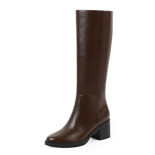 Easyfox Brown Tall Boots for Women Chunky Heel Knee High Dark Brown Boots Low Heeled Leather Long Boot Round Toe Dress Block Heel Calf High Chocolate Boot Size 8.5 | Amazon (US)