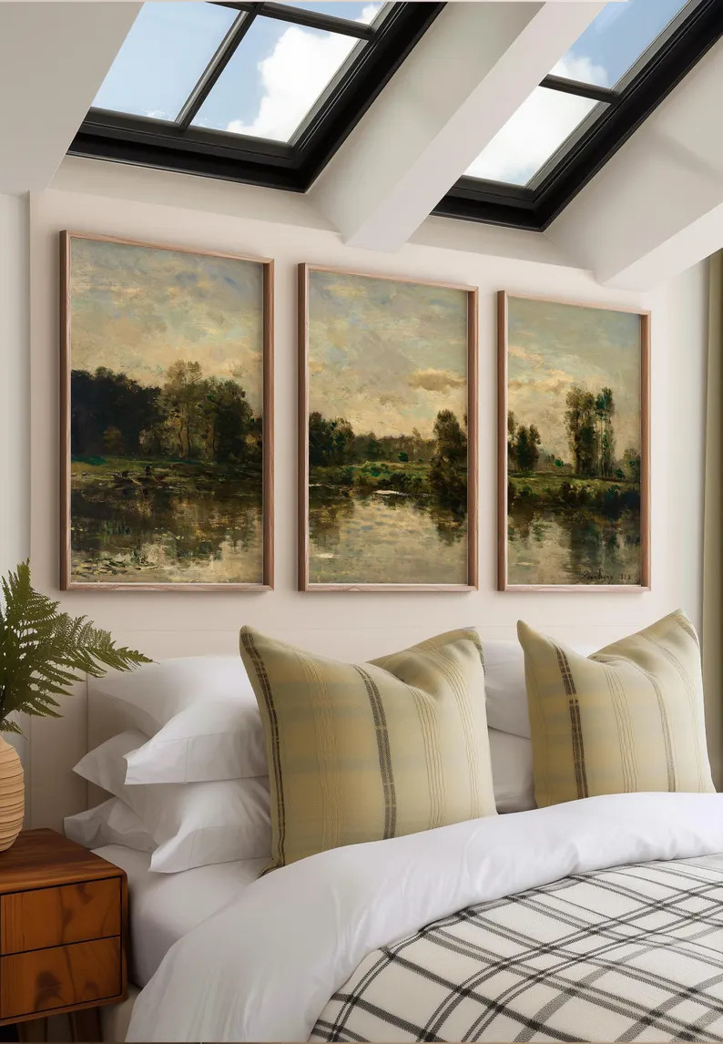 Vintage Landscape Triptych Print Set of 3, Sage Green Antique River Garden Oil Painting Art 1232 | Etsy (Global)