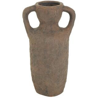 Litton Lane Dark Brown Handmade Textured Ceramic Decorative Vase with 2-Wide Handles | The Home Depot