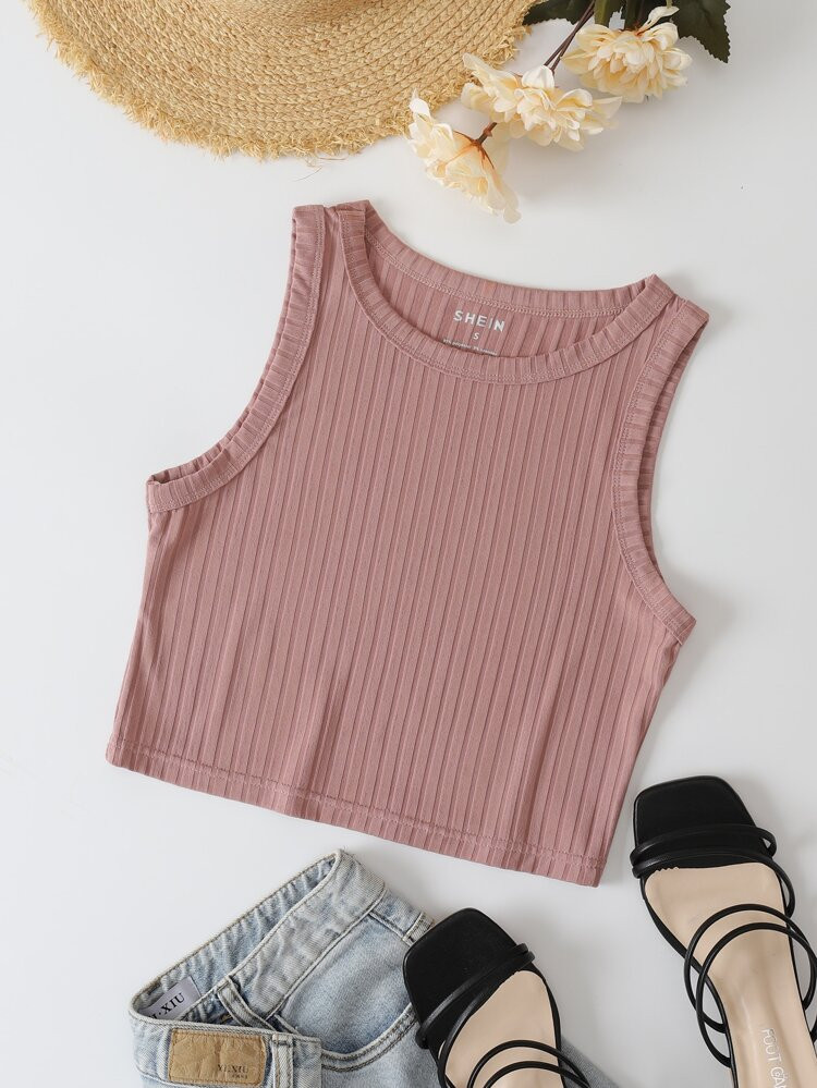 Solid Rib-Knit Crop Tank Top | SHEIN