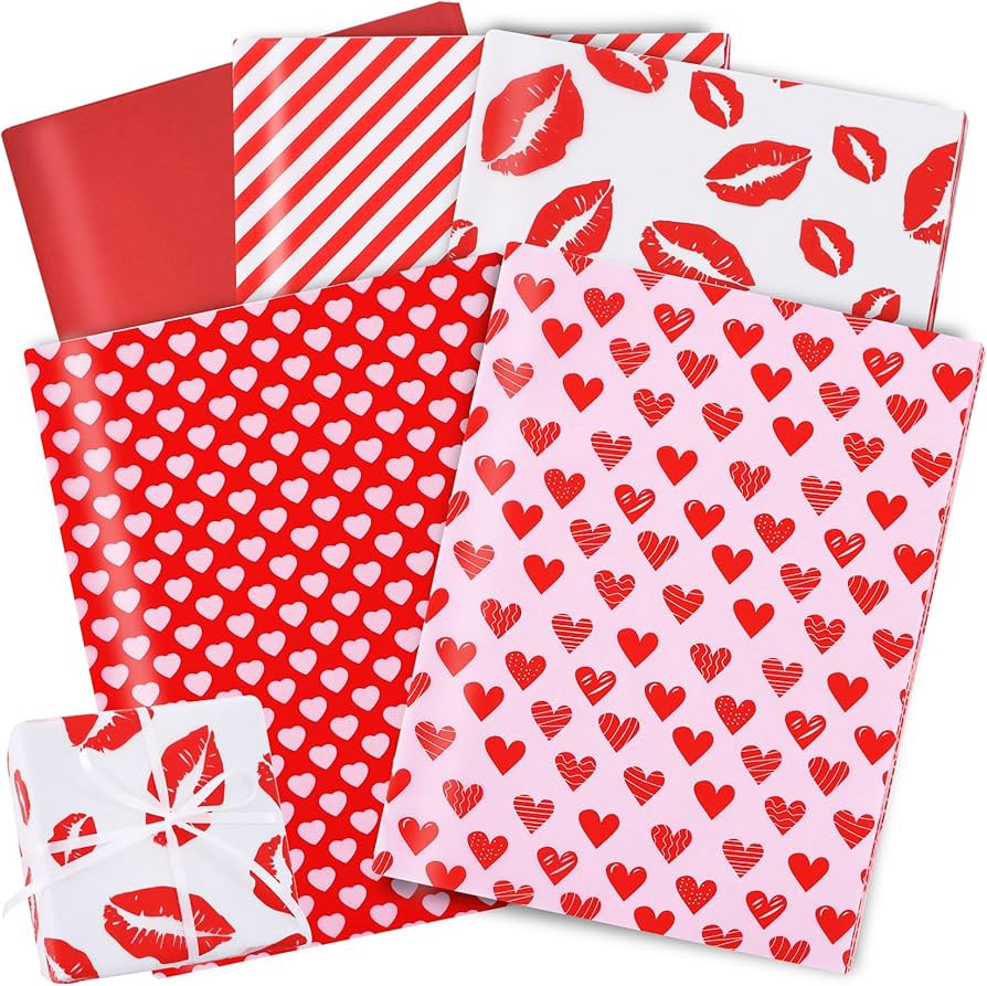BEISHIDA 100 Sheets Valentine's Day Tissue Paper Bulk,Red Pink White Lip Heart Stripe DesignWrapp... | Amazon (US)