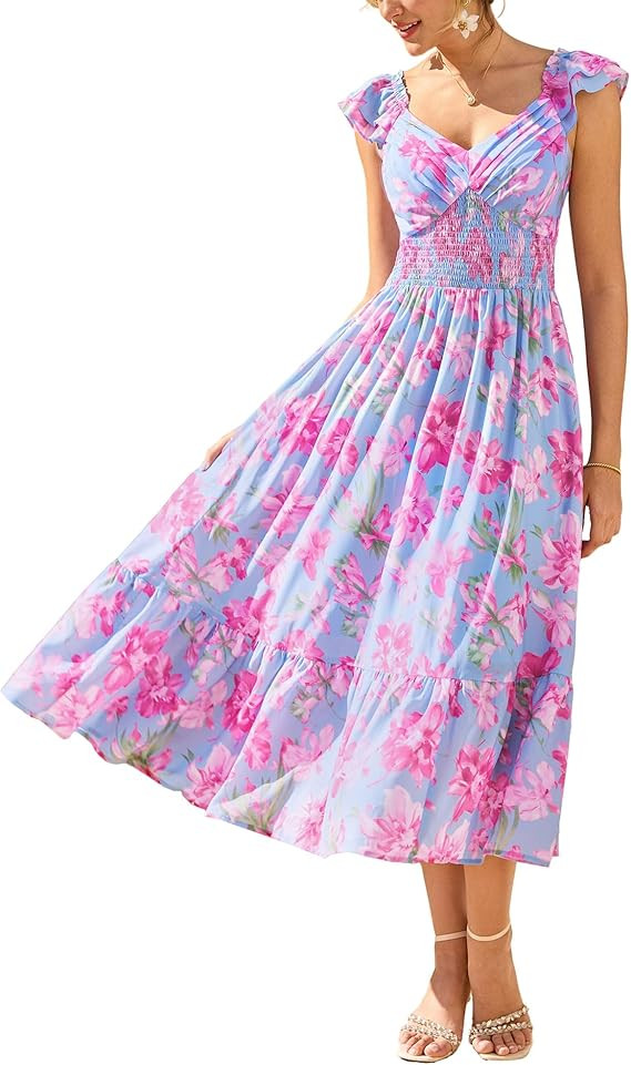 GRACE KARIN Women's Summer Floral Maxi Dress 2026 Ruffle Sleeve Smocked Sundress Flowy Wedding Gu... | Amazon (US)