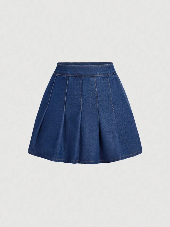 SHEIN MOD Solid Pleated Denim Skirt | SHEIN