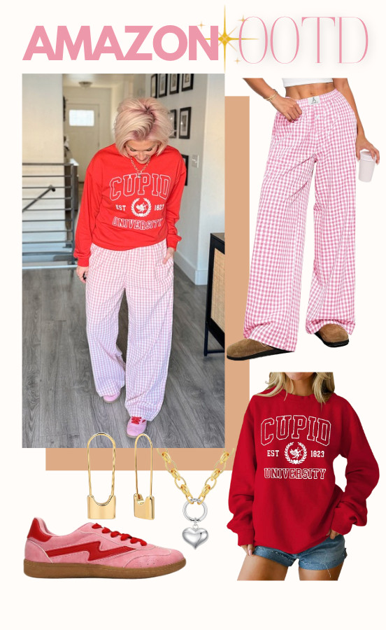 Feeling cozy and comfy in these cute PJ pants and retro Cupid sweater. Pair it with some stylish sneakers! Pants: Large Sweater: Small Shoes: TTS 

 #LTKootd #LTKSeasonal #LTKSaleAlert