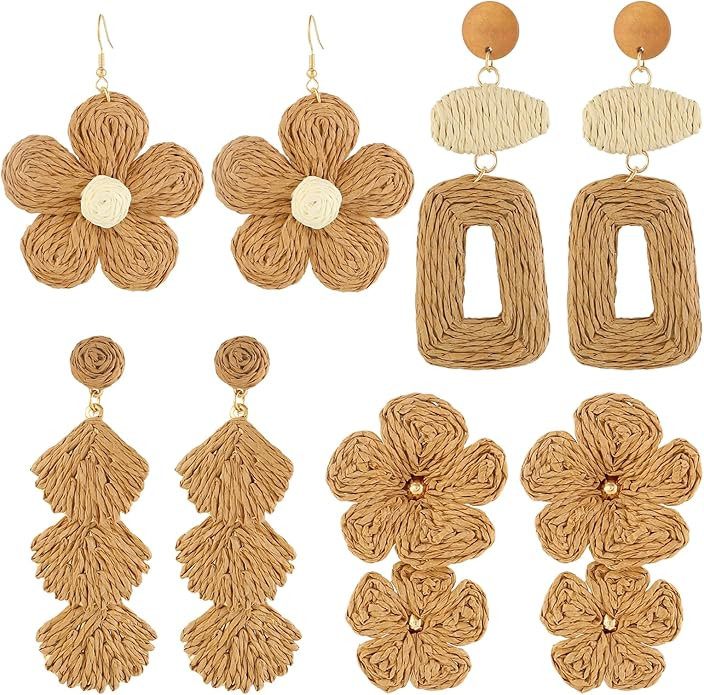 4 Pairs Handmade Boho Flower Earrings Set for Women, Bohemian Rattan Dangle Drop Earrings Cute Tr... | Amazon (US)