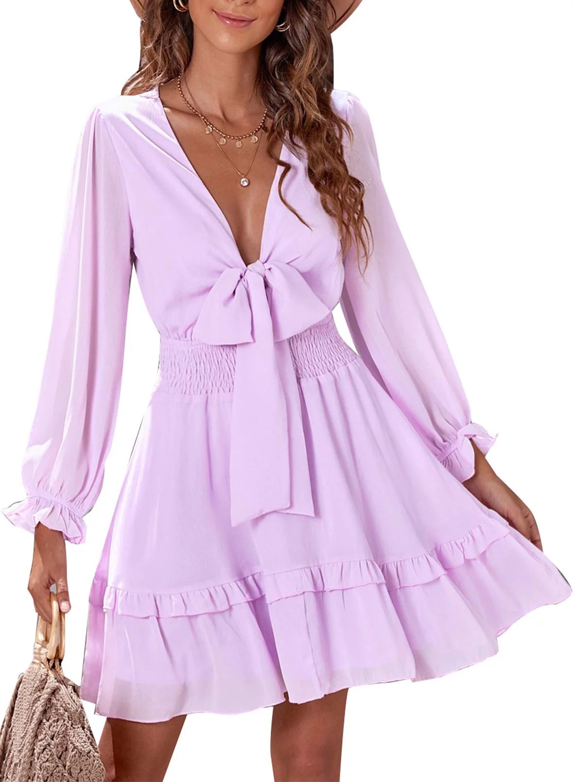 Dokotoo Women's Purple Tiered Chiffon Elegant Mini Dress Spring Deep V Neck Knotted Swing Dresses... | Walmart (US)