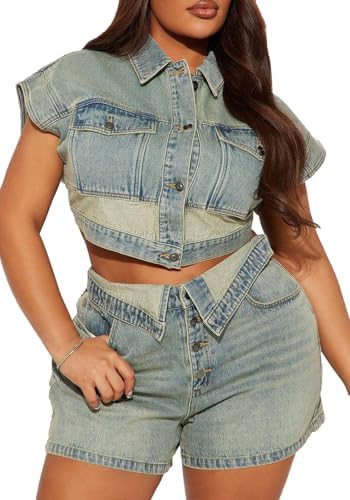 Two Piece Short Denim Sets for Women Summer Button Down Asymmetrical Waisted Sexy Cowgirl Jean Ou... | Amazon (US)
