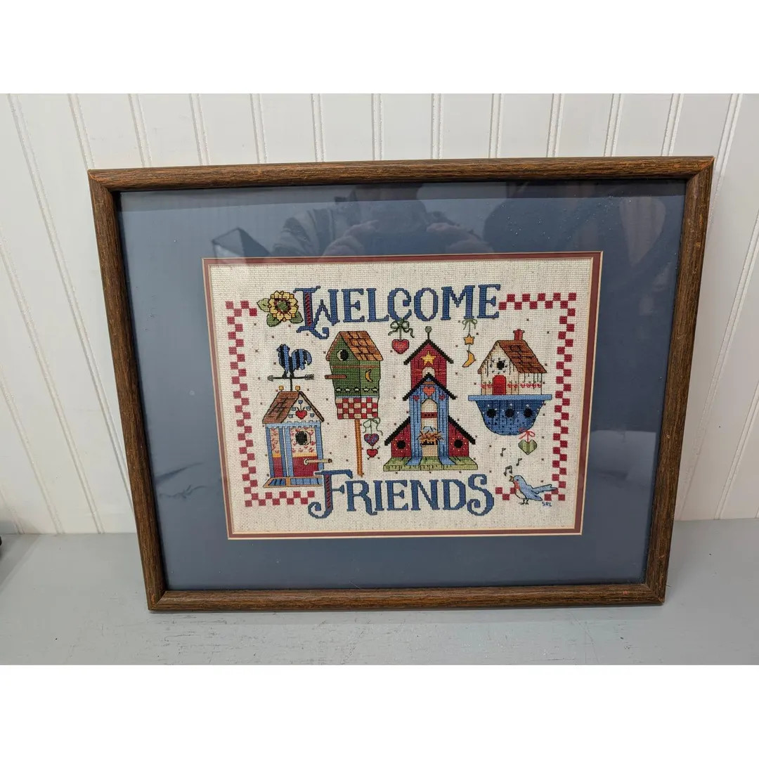 Vintage Framed Cross Stitch Country Birdhouse Welcome Friends Wall Art 21x17 | Etsy (US)