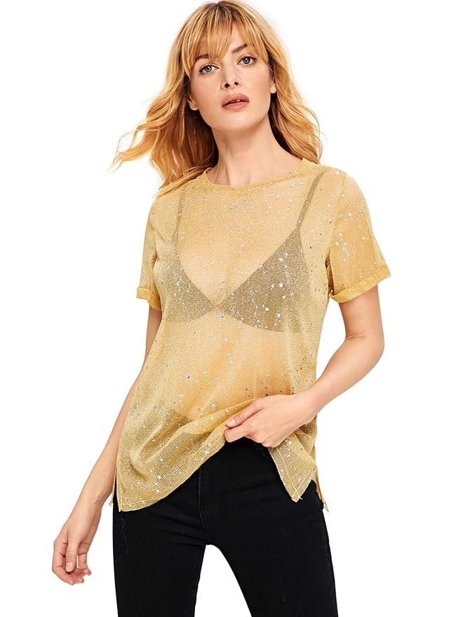 WDIRARA Women's Glitter Sheer See Through Short Sleeve Mesh Top Tee Blouse | Amazon (US)