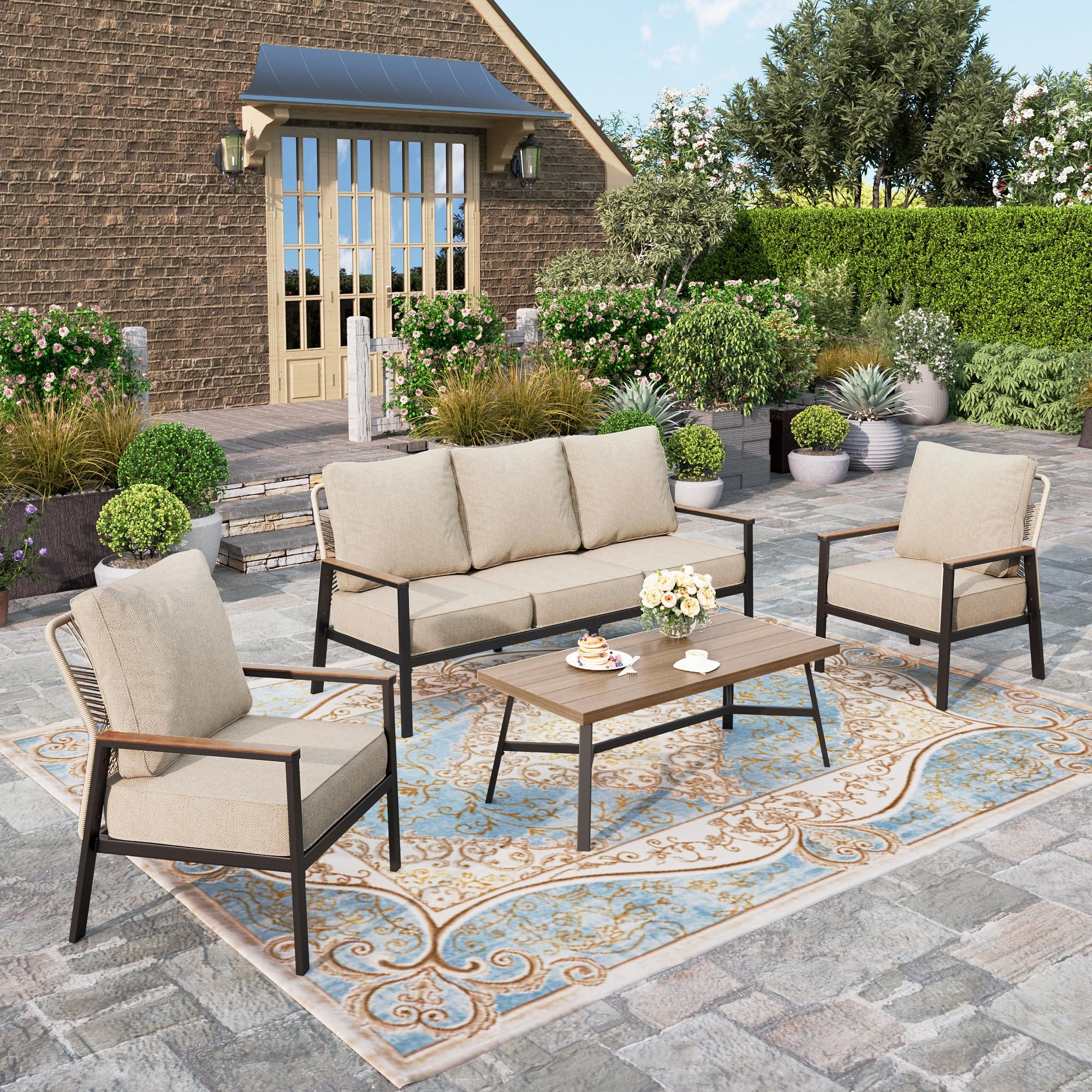HERA'S HOUSE Patio Furniture Set, 2 x High Back Cushioned Leg Chair, 1 x 3-Seat Sofa with Wood Gr... | Amazon (US)