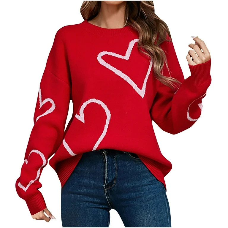 Women's Cute Heart Sweater Love Print Valentines Day Knitted Pullover Top Loose Fit Crew Neck Lon... | Walmart (US)
