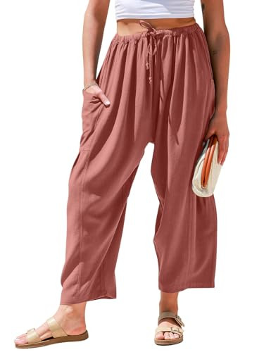 TARSE Womens Linen Wide Leg Pants Casual Loose Drawstring Summer Beach Travel Vacation Palazzo Ha... | Amazon (US)