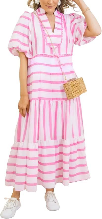 chouyatou Women's Summer Puff Sleeve Striped Midi Long Dress Notch Neck A-Line Tiered Boho Beach ... | Amazon (US)