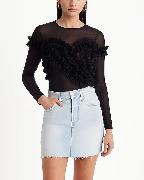 Fitted Mesh Ruffle Crew Neck Long Sleeve Tee | Express