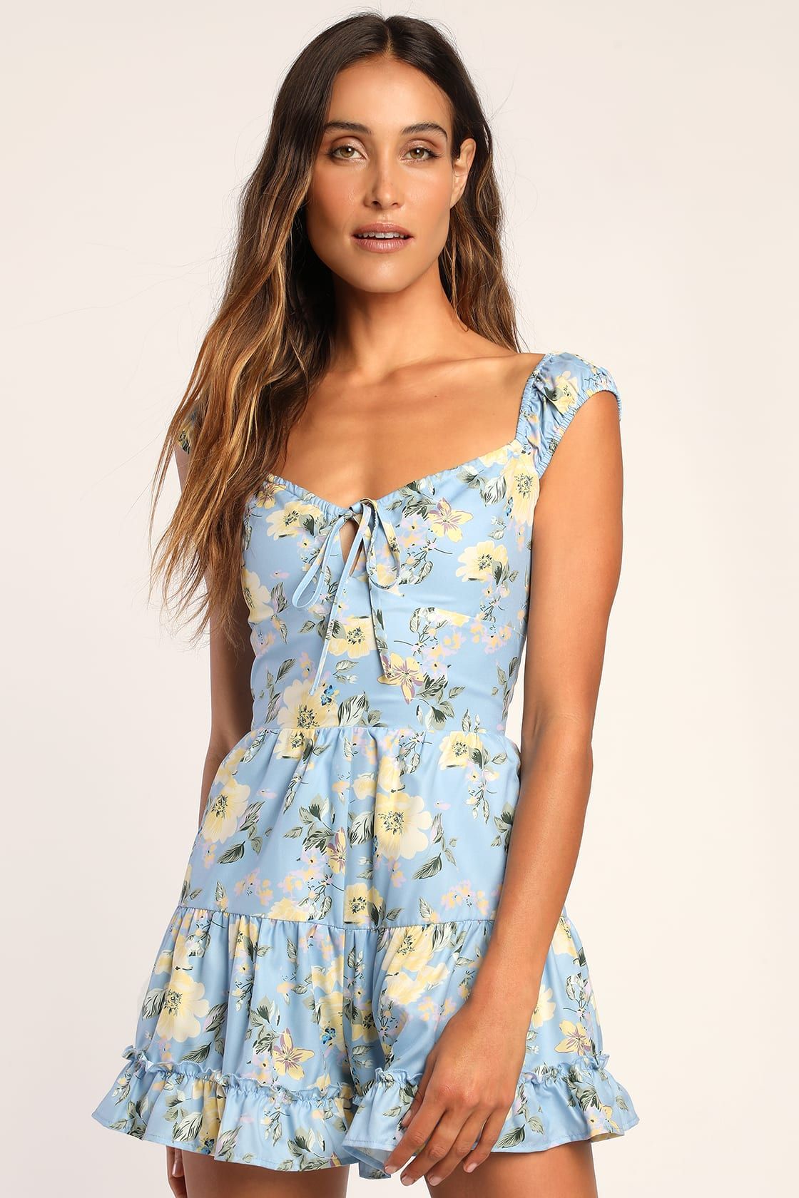 Fit to Frill Light Blue Floral Print Tiered Romper | Lulus (US)