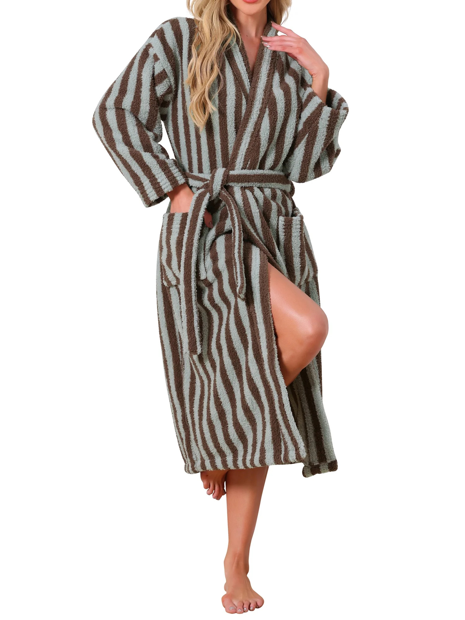 INSPIRE CHIC Womens Bath Robe Fleece Fluffy Terry Long Sleeve Belt Full Length Striped Plush Shag... | Walmart (US)