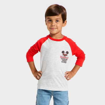 Toddler Boys' Long Sleeve Disney Mickey Mouse Valentines Raglan T-Shirt - Red 2T | Target