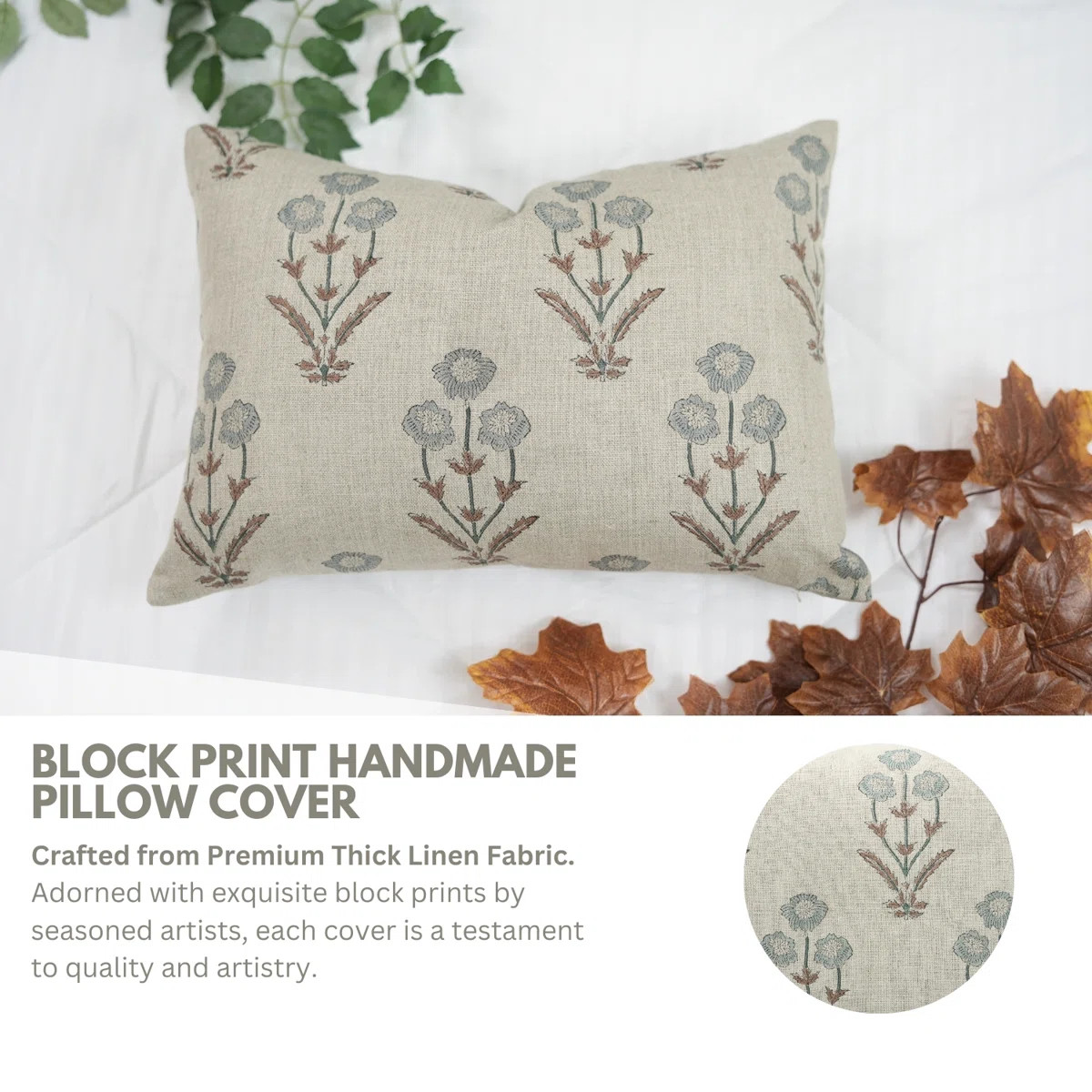 Fabdivine Sustainable Handmade Linen Pillow Cover Elegant Block Print Home Accent - Amitabh | Wayfair North America
