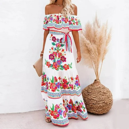 Guzom Easter Dress for Women- Boho Dresses Short Sleeve Printed 2023 New Spring Sexy Crew Neck Womens Tops White | Walmart (US)