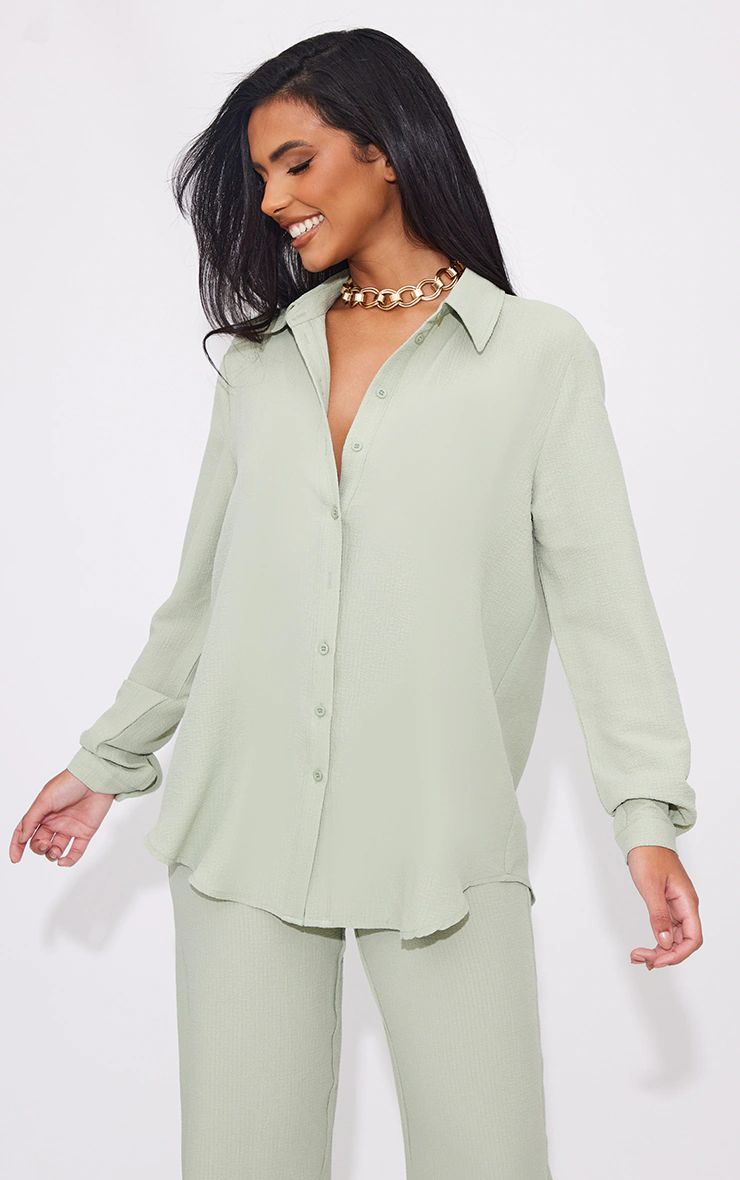 Sage Khaki Textured Crinkle Oversized Shirt | PrettyLittleThing US