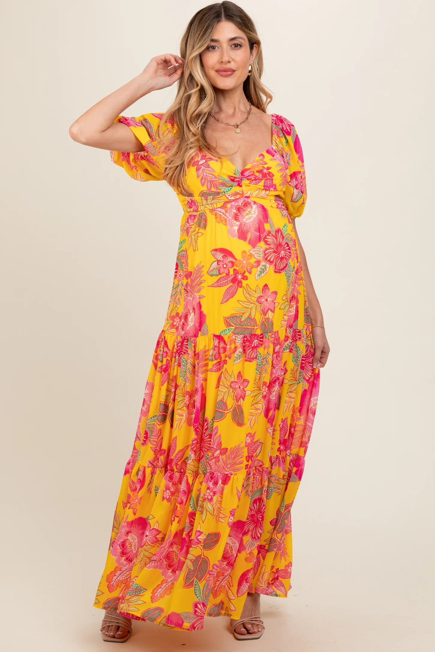 Yellow Floral Sweetheart Neck Tiered Maternity Maxi Dress | PinkBlush Maternity