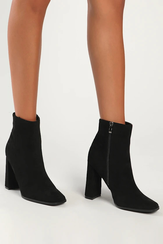Andies Black Suede Mid-Calf Square Toe Booties | Lulus (US)